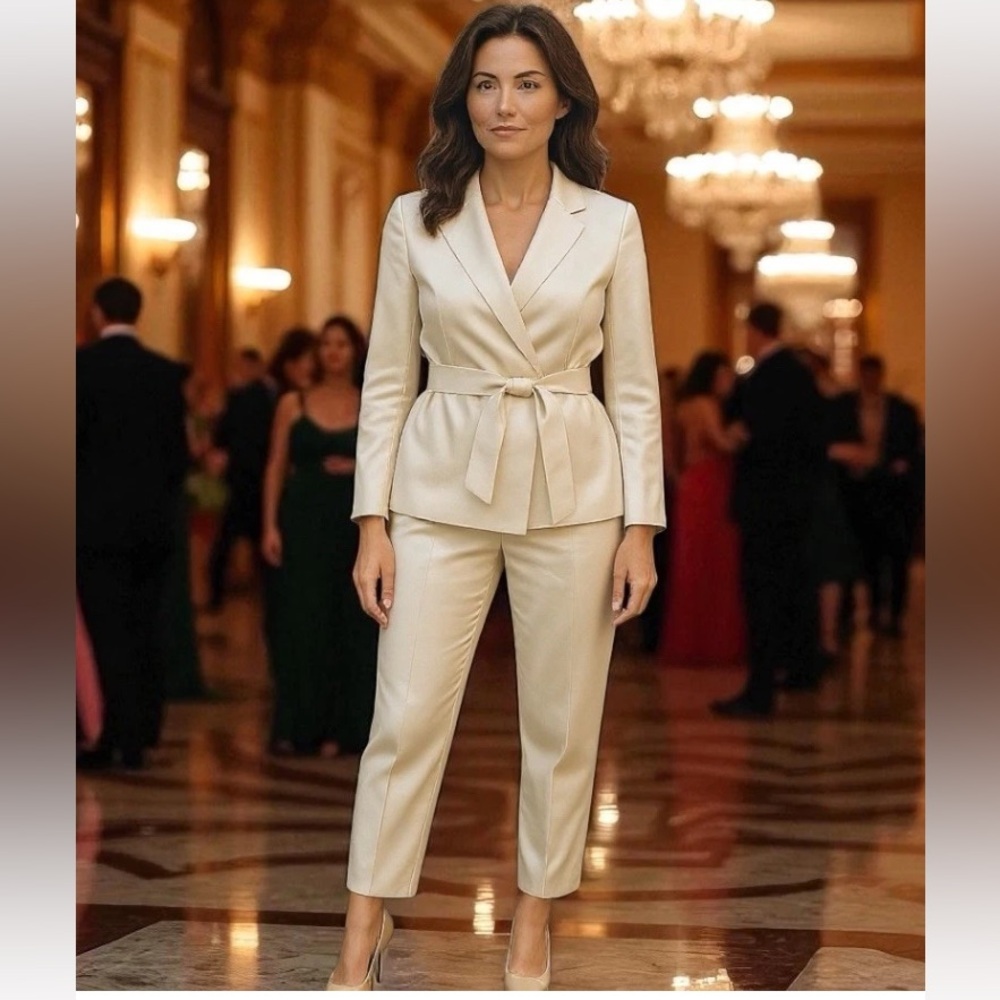 Lafayette 148 New York Silk Pantsuit Neutral Cocktail Women’s 10 Top, 12 Bottom